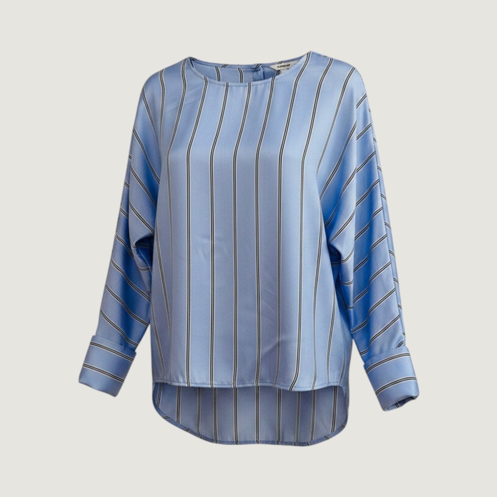 Express Blue Striped Long Sleeve High Low Blouse with Button Back Small